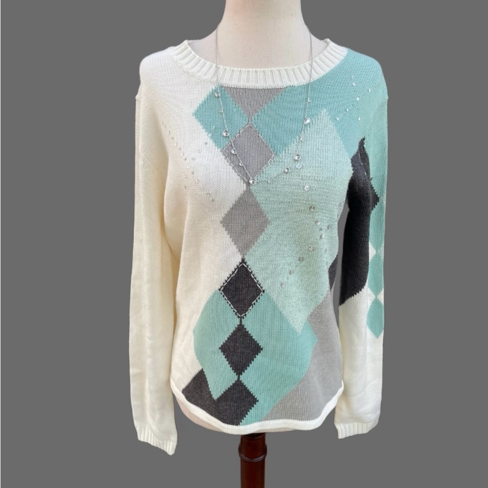 C.L.C •  Beaded • White/Turquoise • Medium • Geometric Designs • Sweater